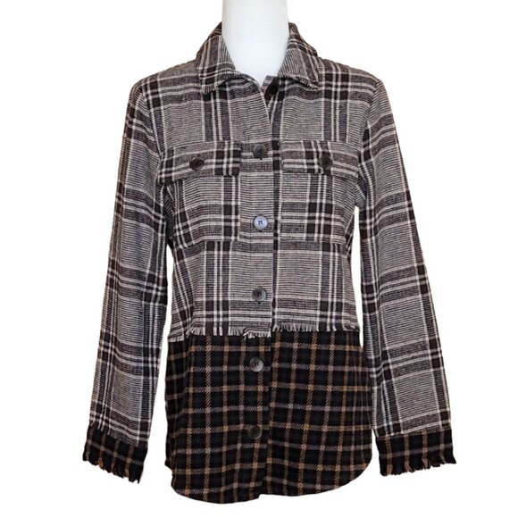 Brown Plaid Shirt Jacket Shacket Fringed Frayed Hem Detail Layering Fall NEW - Picture 3 of 13